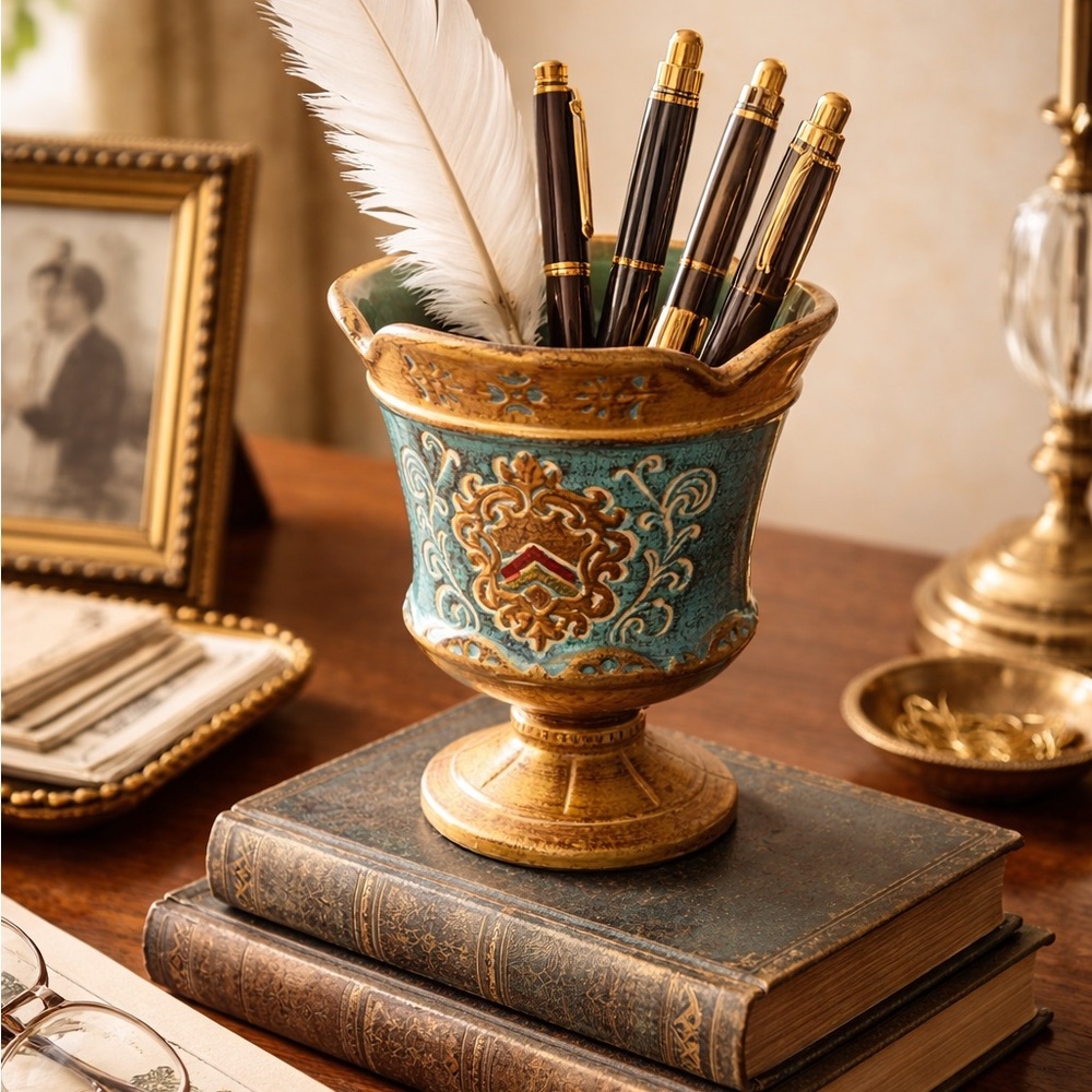 Vintage Relpo Pedestal Vase Planter – Ornate Turquoise & Gold Ceramic Urn